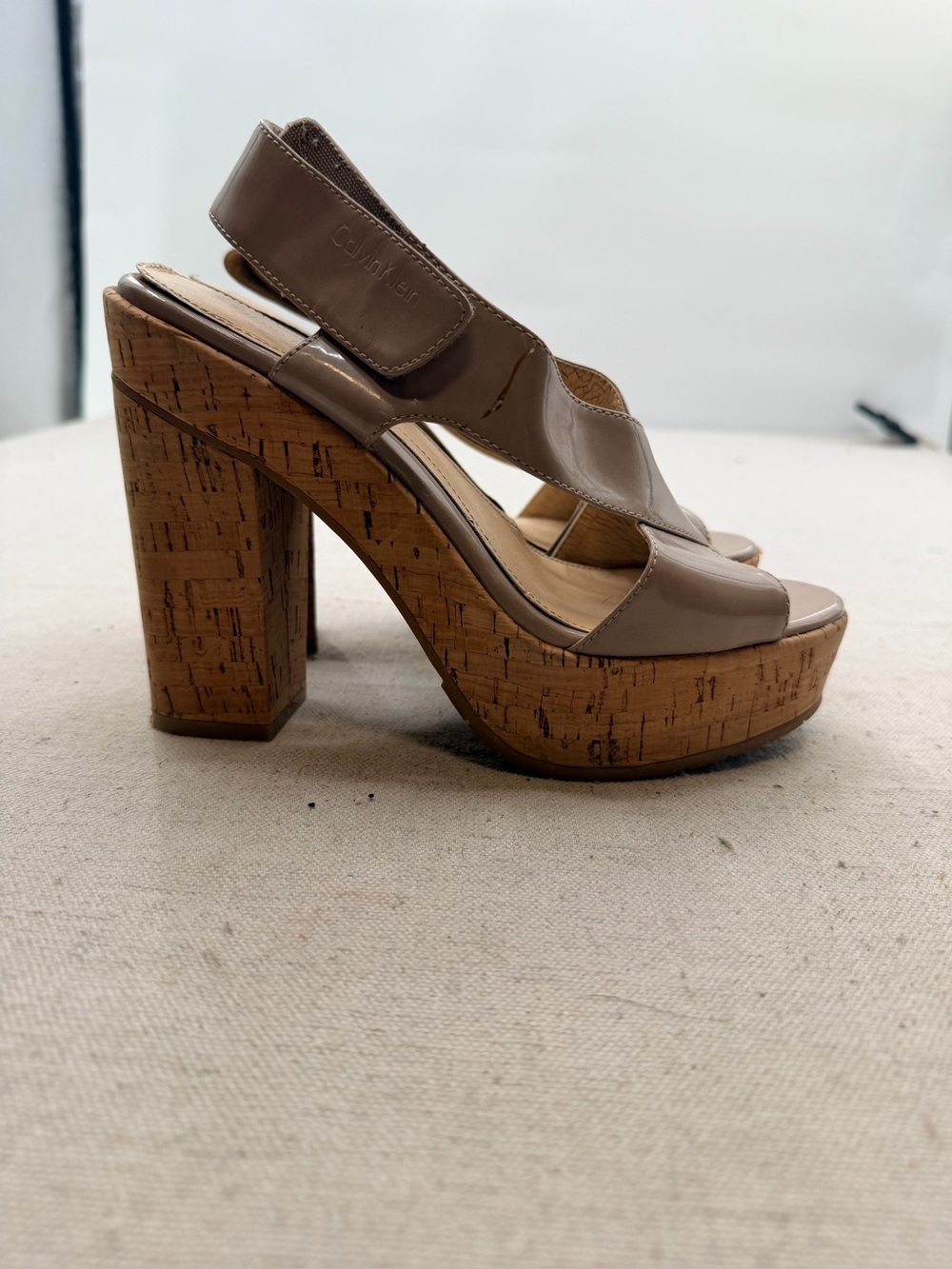 Calvin Klein Neutral Patent Cork Platform Sandals